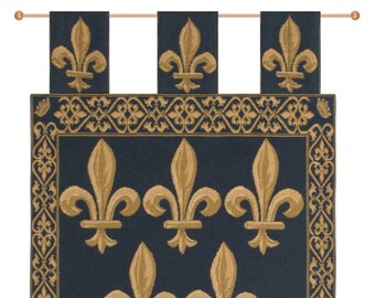 Fleur De Lys With Loops European Wall Tapestry - Floral Medieval Wall Decor Art - Woven Belgian Wall Tapestry - Decorative Wall Hanging