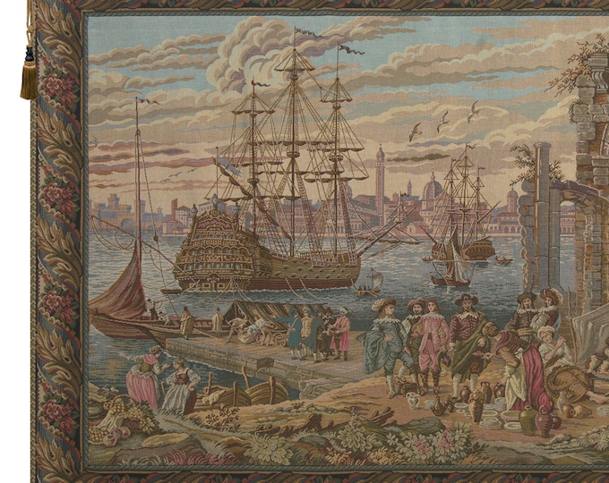 European Seascape Jacquard Wall Tapestry - Coastal Dwelling Decor Art - Italian Woven Hanging