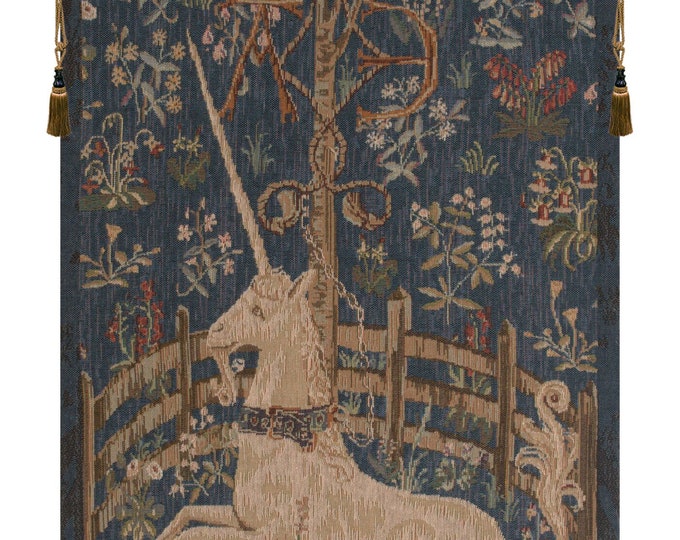 Captive Unicorn Tapestry: French Medieval Millefleurs Wall Art (29x19 inch)
