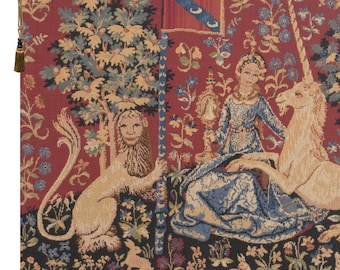 Lady and Unicorn Tapestry Wallhanging: Medieval Millefleurs Art, Woven in Belgium (18x26 inch)