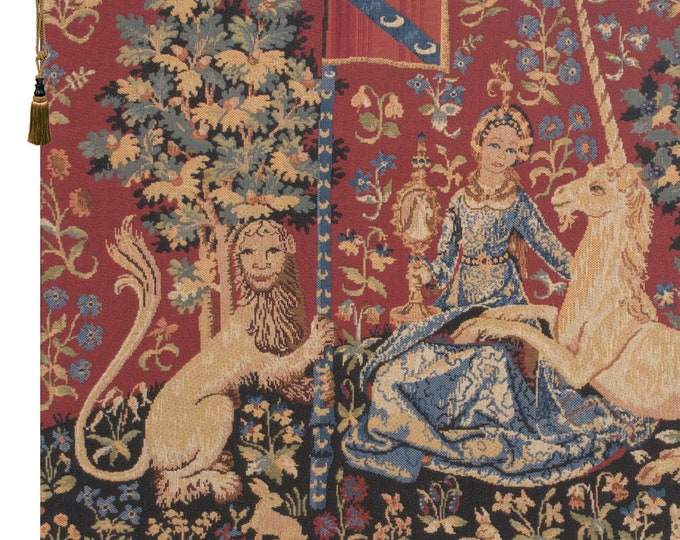 Lady and Unicorn Tapestry Wallhanging: Medieval Millefleurs Art, Woven in Belgium (18x26 inch)