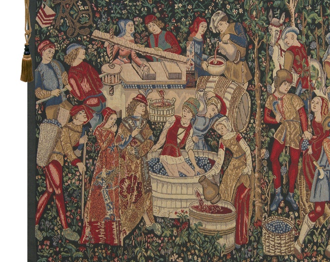 Vintage Mille Fleurs Tapestry Wallhanging: Medieval Wine Harvest Scene, European Wall Art (34x47 inch)