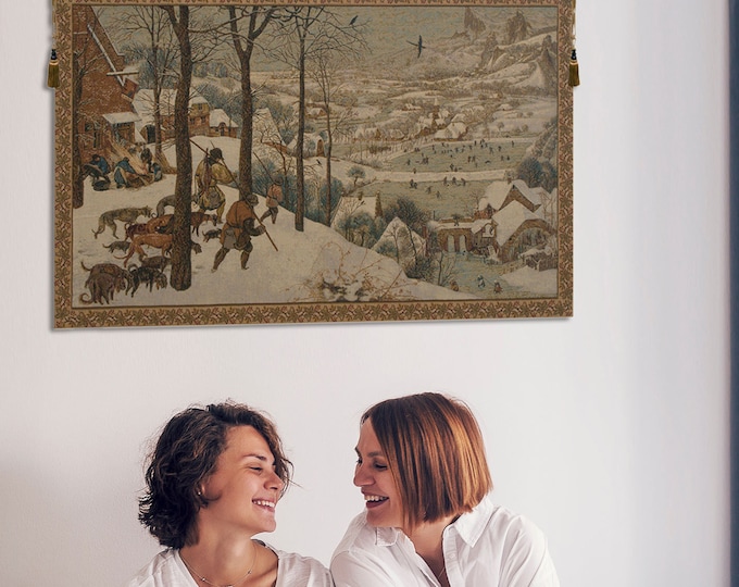 Hunting in the Snow Tapestry: Italian Jacquard Woven Wall Art (24x42 inch)