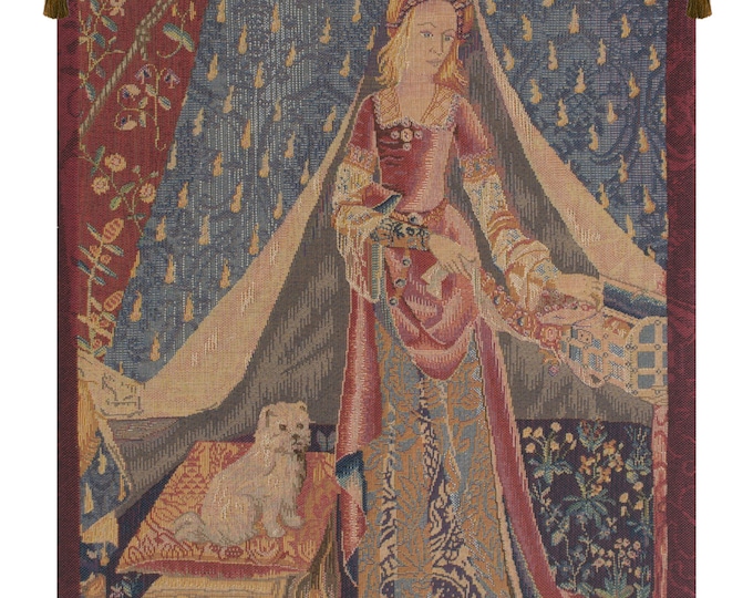 Dame au Chien Tapestry - Medieval Lady with Dog, Belgian Jacquard Woven Art