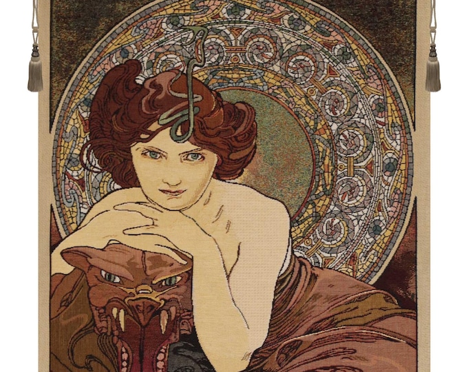 Art Nouveau Emerald Tapestry - Mucha's Precious Stones Series, Belgian Jacquard Wall Hanging
