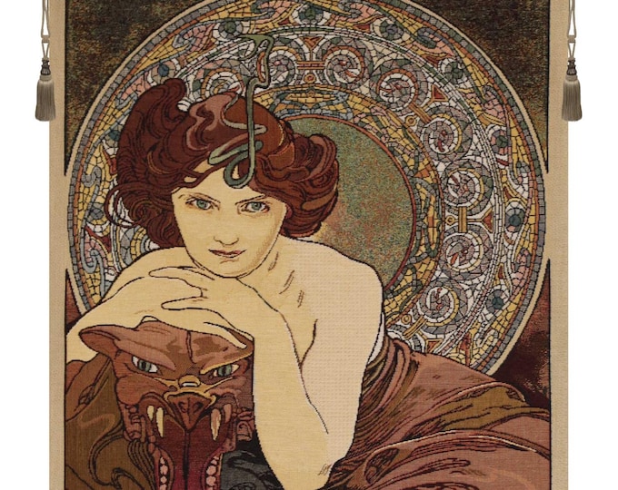 Art Nouveau Emerald Tapestry - Mucha's Precious Stones Series, Belgian Jacquard Wall Hanging