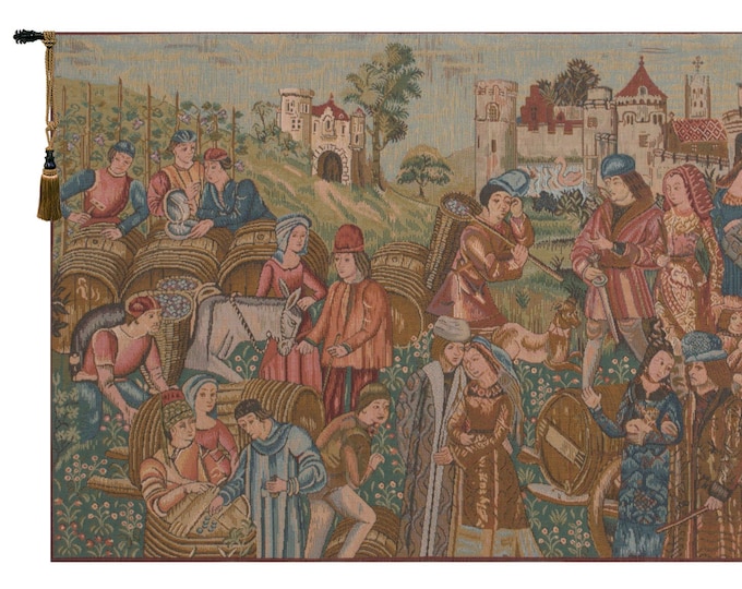 Marche au Vin European Tapestry - French Wine Making Scene - Medieval Millefleurs Wall Art Decor