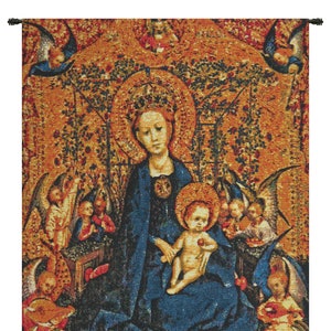 European Maria Child Jacquard Tapestry Religious Art Woven Wall Hanging Floral Decor 35x25 Inch