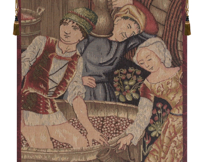 European Wine Making Scene Wall Tapestry - Vintage French Jacquard Woven Hanging Art Decor