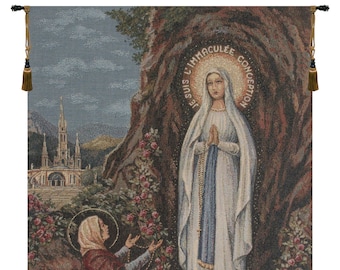 Apparitione Lourdes European Wall Tapestry - Religious Wall Decor Art - Woven French Wall Tapestry - Christian Young Ladies Wall Hanging