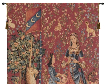 The Smell L'odorat Wall Hanging | Millefleurs European Wall Tapestry | Lady and Unicorn Wall Decor Art | Medieval Background Wall Hanging