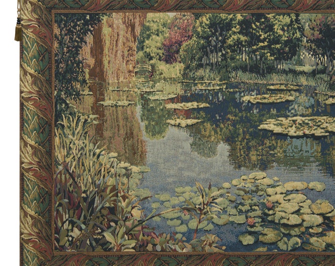 Monet's Lily Pond Tapestry: Lake Giverny Woven Wall Art, Belgian Countryside Decor