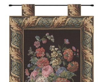 Flower Basket Black European Wall Tapestry - Decorative Woven Wall Décor Art - Modern Jacquard Wall Art - Roses Floral Wall Hanging