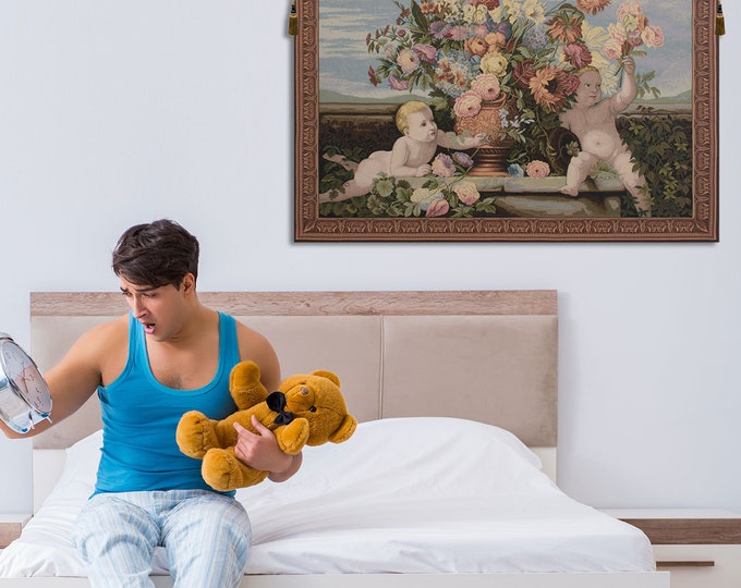 Angels and Flowers European Tapestry - Colorful Floral Bouquet Wall Art - Decorative Italian Woven Hanging