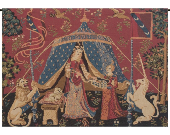Lady and Unicorn Tapestry: Medieval Millefleurs Wall Hanging (18x24 inch)