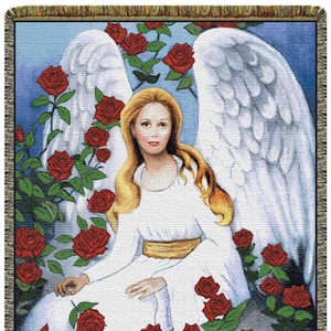 Rose Garden Tapestry Throw: Angel in Roses, North American Made (52x68 inch)