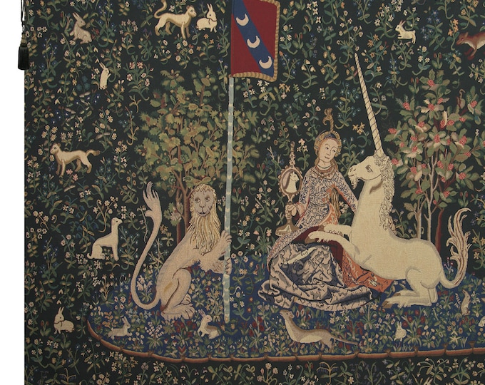 Lady and Unicorn Medieval Tapestry: Woven Wall Art Mirror Scene Decorative Belgian Hanging