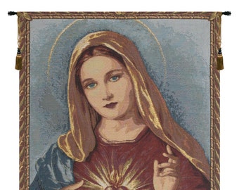Sacred Heart of Mary European Wall Tapestry - Young Lady Wall Decor Art - Woven Belgian Wall Tapestry - Religious Jacquard Wall Hanging