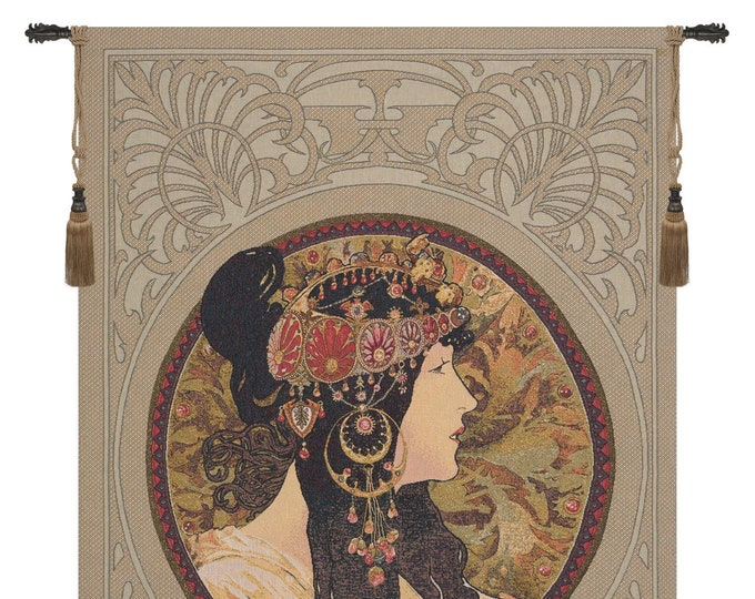 Brunette Byzantine BELGIAN Wall Tapestry - GIFT Jacquard Woven Tapestry Wall Hanging - Alphonse Mucha Art