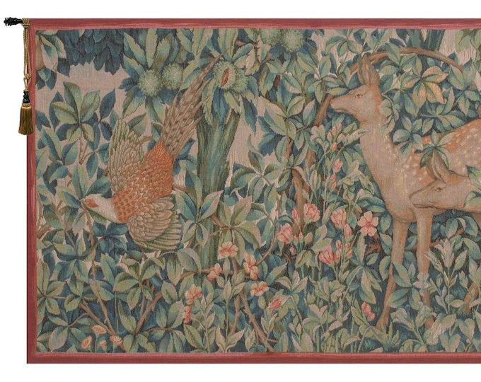 William Morris Pheasant and Doe Tapestry: French Jacquard Woven Wall Hanging