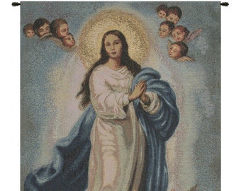Lady of Assumption European Wall Tapestry - Belgian Artwork Virgin Mary Wall Decor, Jacquard Woven Religious Wall Art Decor -Religious Gift