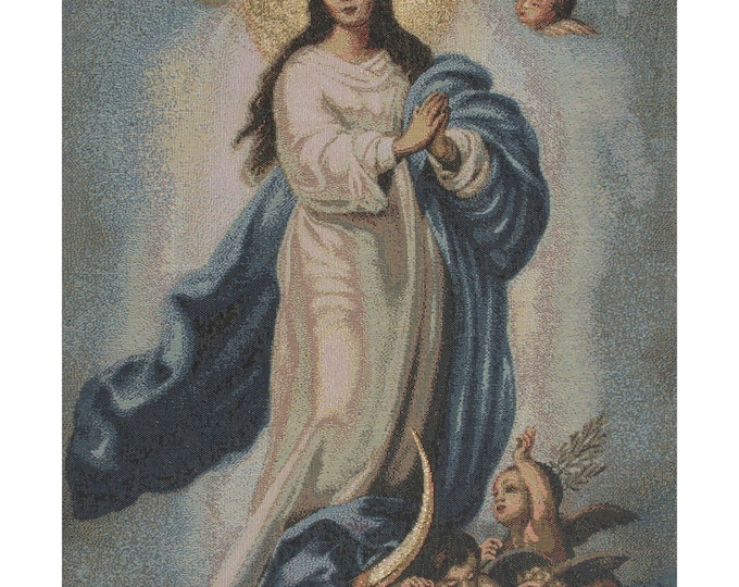 Lady of Assumption Tapestry Wallhanging: Woven Virgin Mary Religious Wall Art