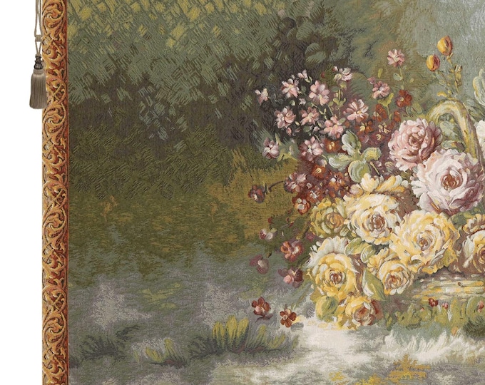 Floral Basket Wall Tapestry: Woven Still Life Art, Turkish Made (27x51 inch)