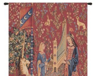 The Hearing L'ouie Wall Art | Decorative Italian Wall Tapestry | Belgian Jacquard Woven Wall Hanging | Unicorn Medieval Wall Hanging