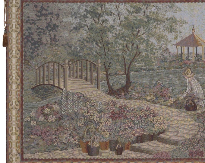 Busy Gardener of Eden Woven Wall Tapestry: Tranquil Garden Art (27x54 inch)