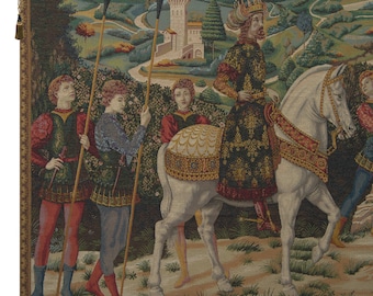 European Medieval Knight Melchior Wall Tapestry - Woven Jacquard Hanging with Animals - French Decorative Art