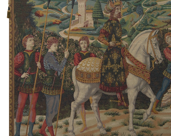 European Medieval Knight Melchior Wall Tapestry - Woven Jacquard Hanging with Animals - French Decorative Art