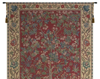 Tree of Life William Morris European Wall Tapestry - Decorative Modern Wall Décor Art - Millefleurs Red Background Wall Décor Tapestry