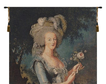 Marie Antoinette with Rose European Wall Tapestry - Woven Wall Art - Young Lady Decorative Wall Hanging - Medieval Belgian Wall Tapestry