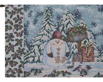 Holiday Snowman European Wall Tapestry - Christmas Decoration Wall Hanging - Italian Wall Tapestry - Woven Jacquard Wall Decor Art