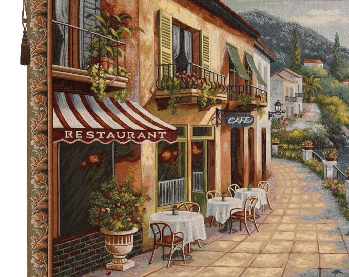 Lake Como Cafe Tapestry: Italian Lakeside Scene Woven Wall Art Hanging (27x57 inches)