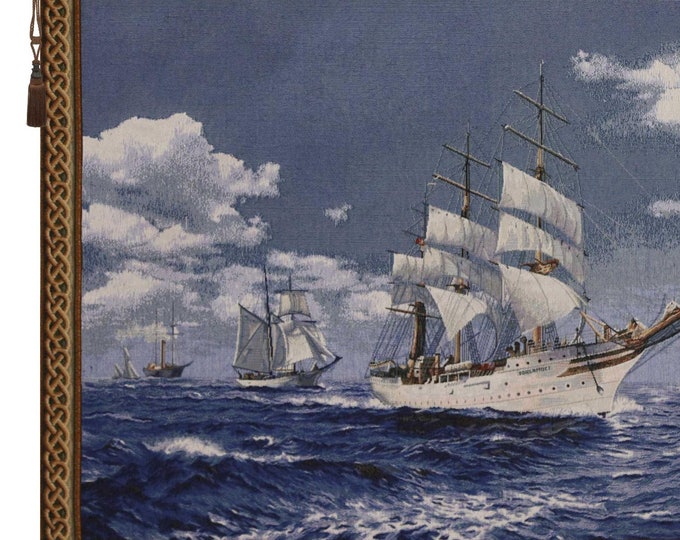 Tall Ships at Sea European Wall Tapestry Hangings – Nautical Wall Hanging Decor – Woven Maritime Wall Art Tapestry