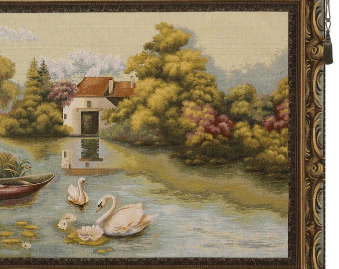 Swans on a Lake Woven Wall Tapestry: Turkish Home Decor (27x51 Inch)