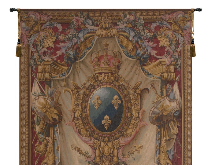 Medieval French Tapestry: Armoiries Red Floral Jacquard Wall Art Hanging - Woven Gobelin Decor