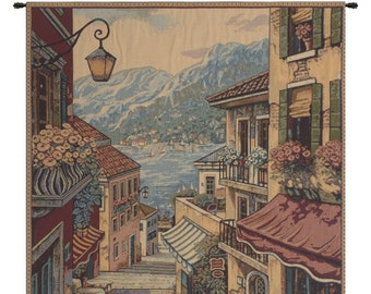 Bellagio Scalinata European Wall Tapestry - Lake Como Floral Wall Decor Art - Woven Italian Wall Tapestry - Flower Blossom Wall Hanging