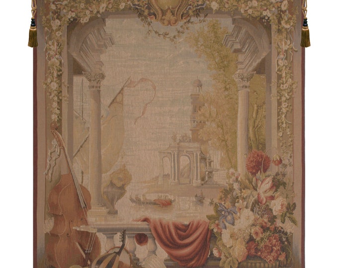 Tuscan Port Floral Art: French Jacquard Woven Wall Tapestry, Medieval-Inspired Decorative Hanging