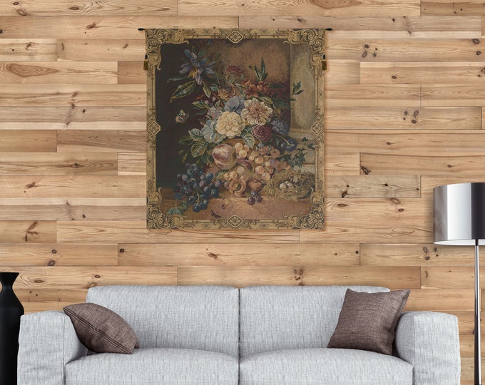 Floral Bouquet Wall Tapestry: Belgian Woven Flower Art (31x26 inch)