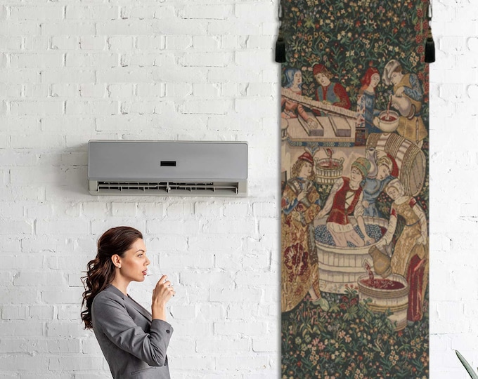 Belgian Millefleurs Tapestry: Medieval Grape Harvest Woven Wall Hanging