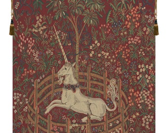 Unicorn In Captivity Red | Jacquard Woven in Belgium | La Chasse à la Licorne | European Wall Hanging