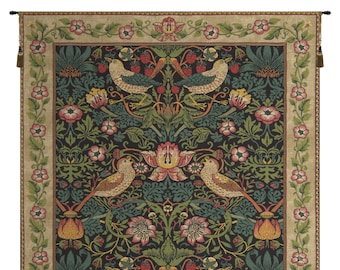 Strawberry Thief Black Wall Tapestry | Decorative European Wall Tapestry | William Morris Art Wall Hanging | Wall Art by William Morris