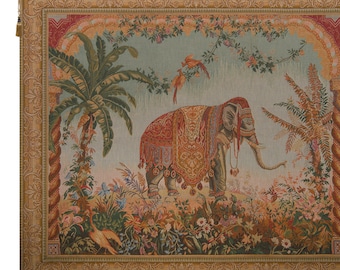 Regal Elephant European Woven Jacquard Wall Tapestry - Antique French Animals Art Hanging - Unique Decor