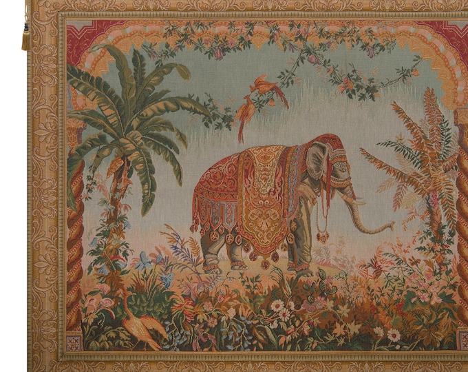 Regal Elephant European Woven Jacquard Wall Tapestry - Antique French Animals Art Hanging - Unique Decor