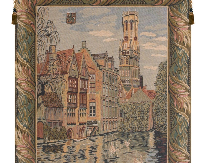 Bruges Canal Landscape Tapestry - Woven Belgian Jacquard Wall Art - European Decorative Hanging