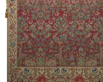 William Morris Tree of Life Forest Tapestry - Red European Woven Wall Art with Millefleurs Background