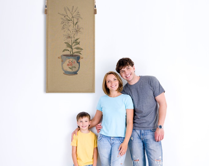 White Amaryllis Tapestry: Belgian Woven Floral Wall Hanging (56x27 Inch)