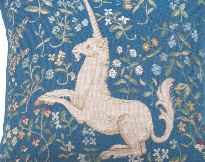 Medieval Unicorn Tapestry Cushion Cover - Blue Floral 19x19  Inch Decorative Sofa Pillow Case